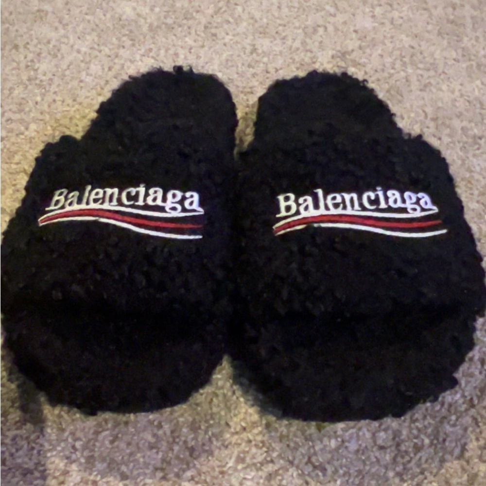 Balenciaga Black Fuzzy Logo Slide Sandals with Red & White Accent